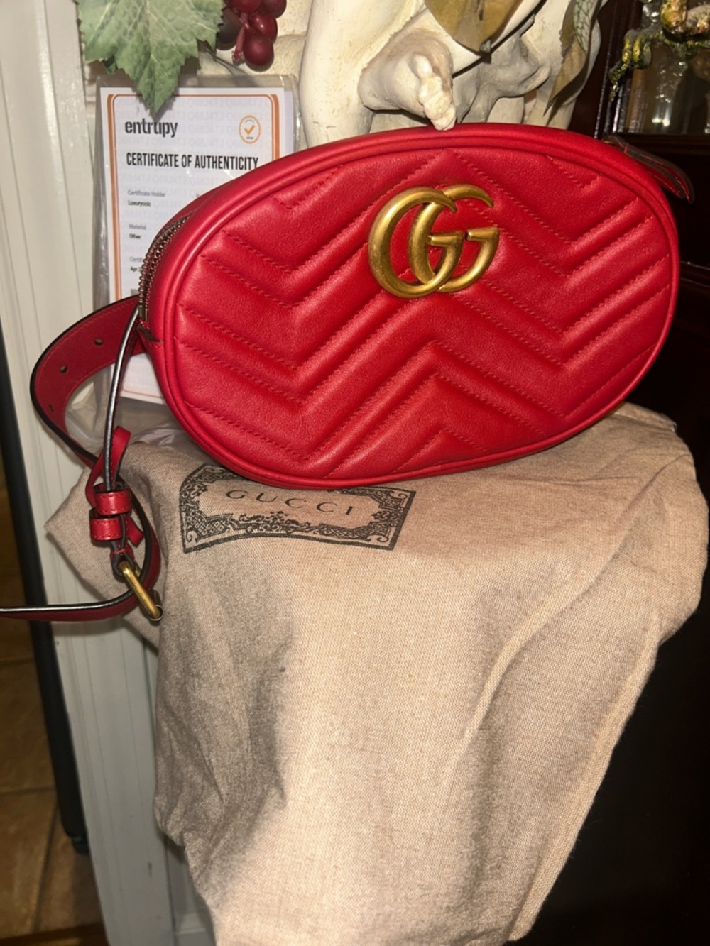 Gucci Red Chevron Quilted Leather Crossbody Belt Bag with Gold Hardware